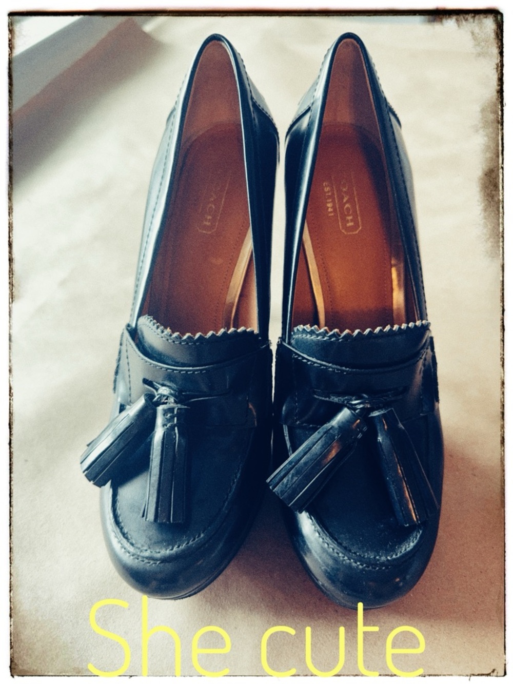 Coach Alisia Black Leather Tassel Loafer Heels Size 7.5B Preppy Classic